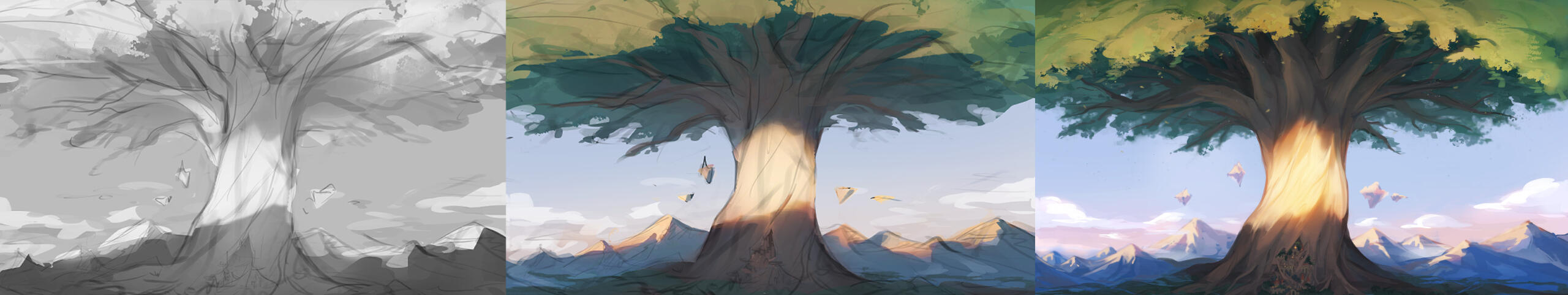 Tree of Life commission process. Sketch and values, to color approval, to final painting.