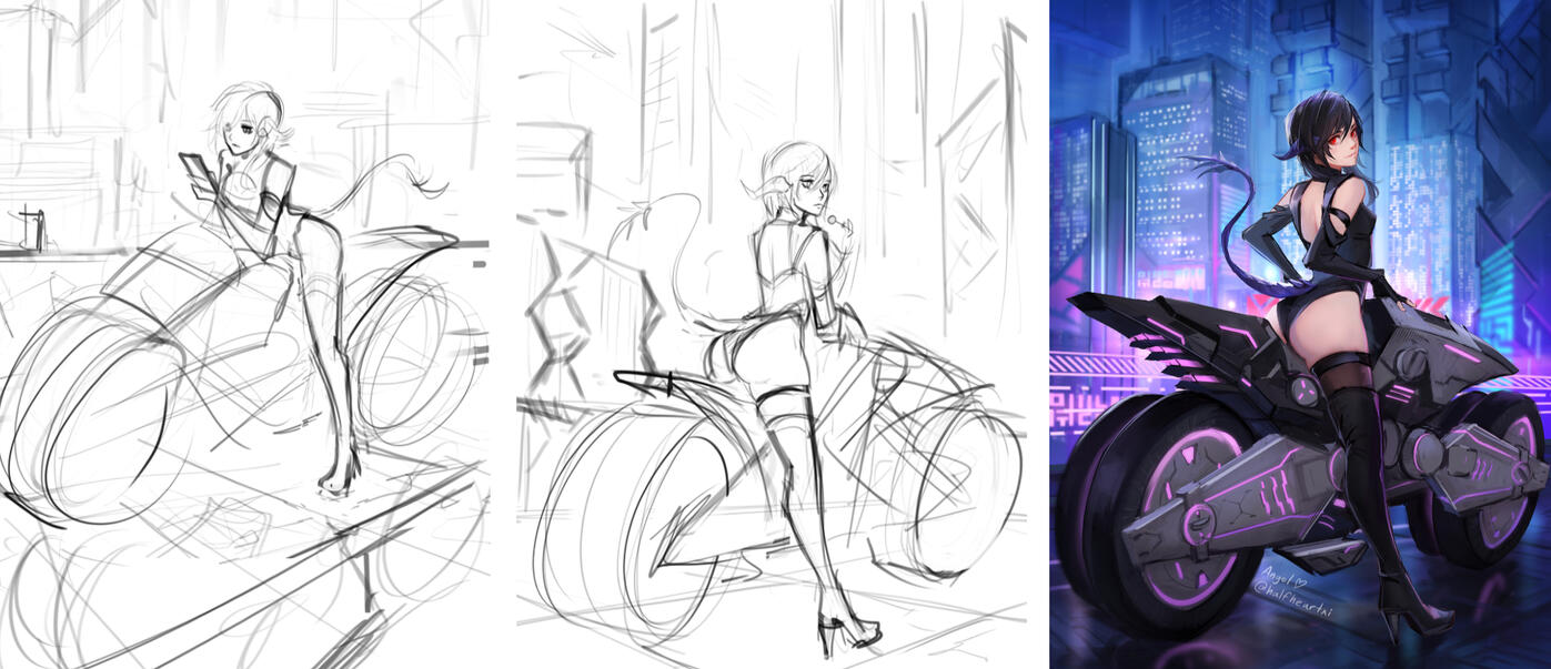 Solution 9 - Sketches compared to the final painting.