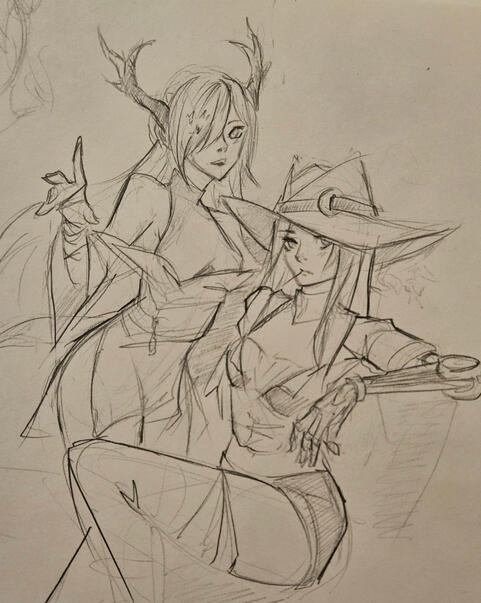 Sketchbook drawing of two of my characters, Reid and Lumi.